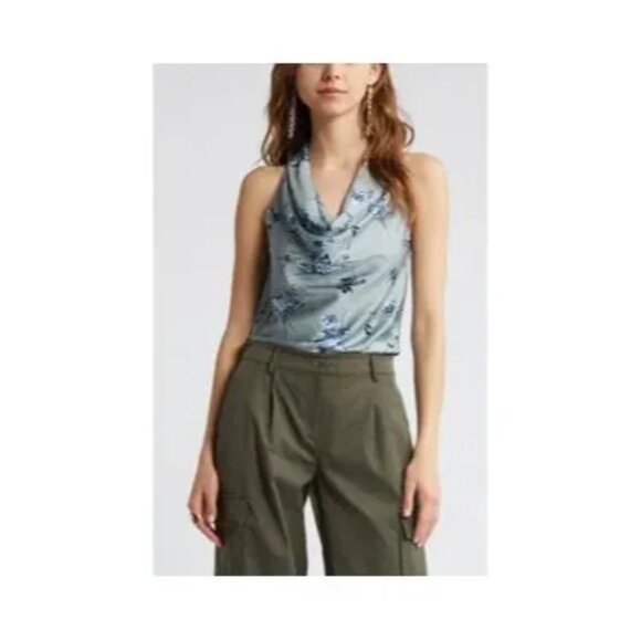 Open Edit Cowl neck satin tank sleveless size Small Green-Blue - Picture 1 of 4